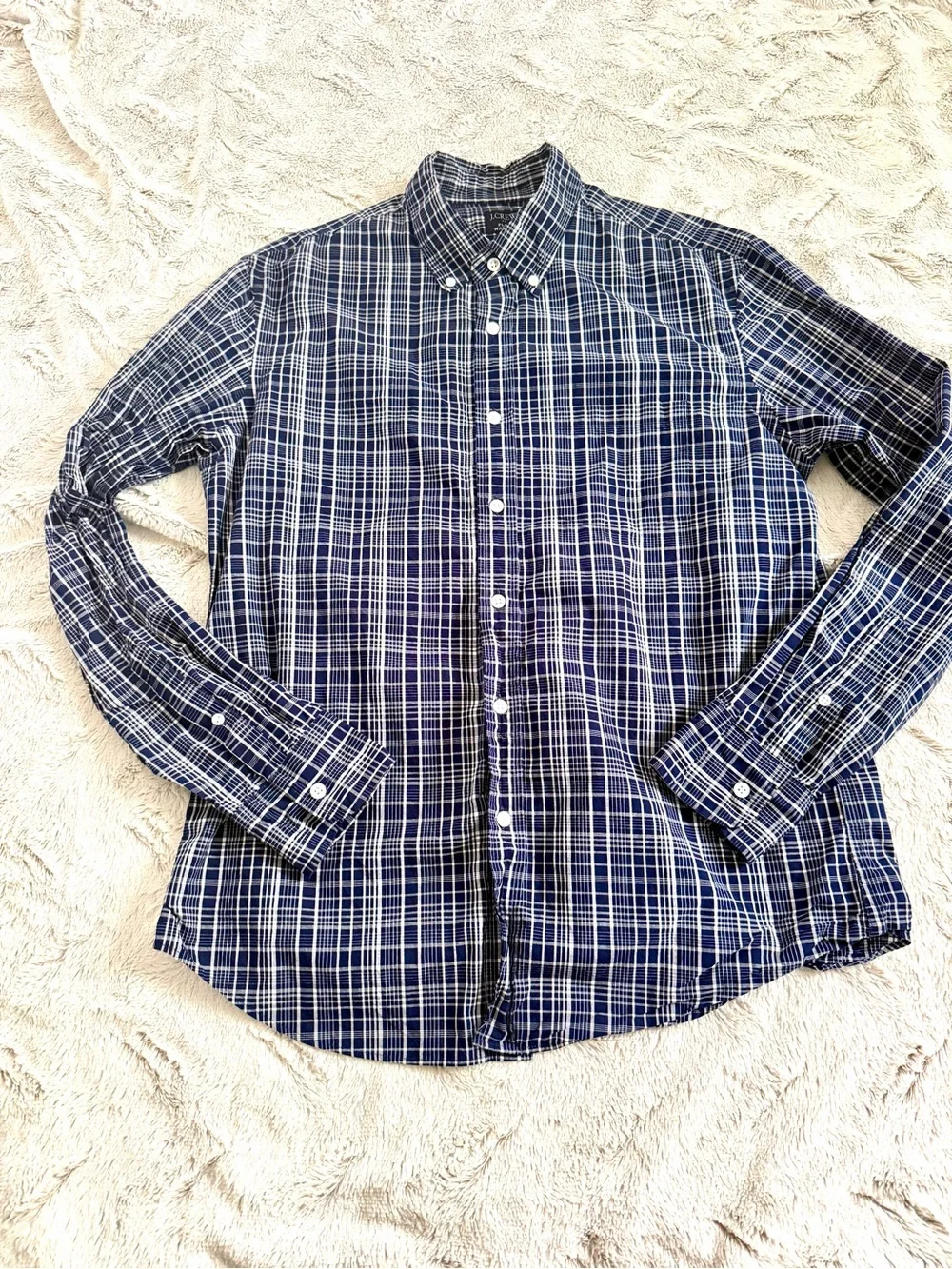 J.Crew Flex Washed Plaid Button Down Shirt Men L Blue White Long Sleeve Regular